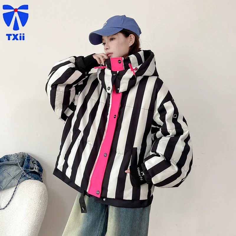 Высококачественный стильный полосатый женский короткий пуховик с капюшоном North