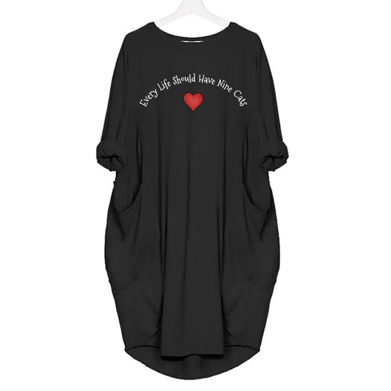 

Every Life Should Have Nine Cats Print Fashion Funny Shirts Suit Harajuku Top Women US Sizes Women's Skirt Long-sleeved Dress