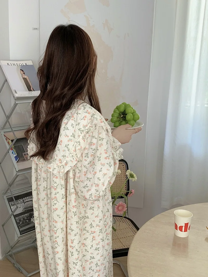 New Korean Spring Autumn Nightgown Women Loose Long Sleeve Dress Female Sweet Floral Cotton Housewear Nightshirt Outside Wear