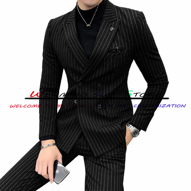 Dark Grey Striped Men Suit 2 Piece Double Breasted Jacket Business Office Formal Blazer Pants Overalls Wedding Tuxedo
