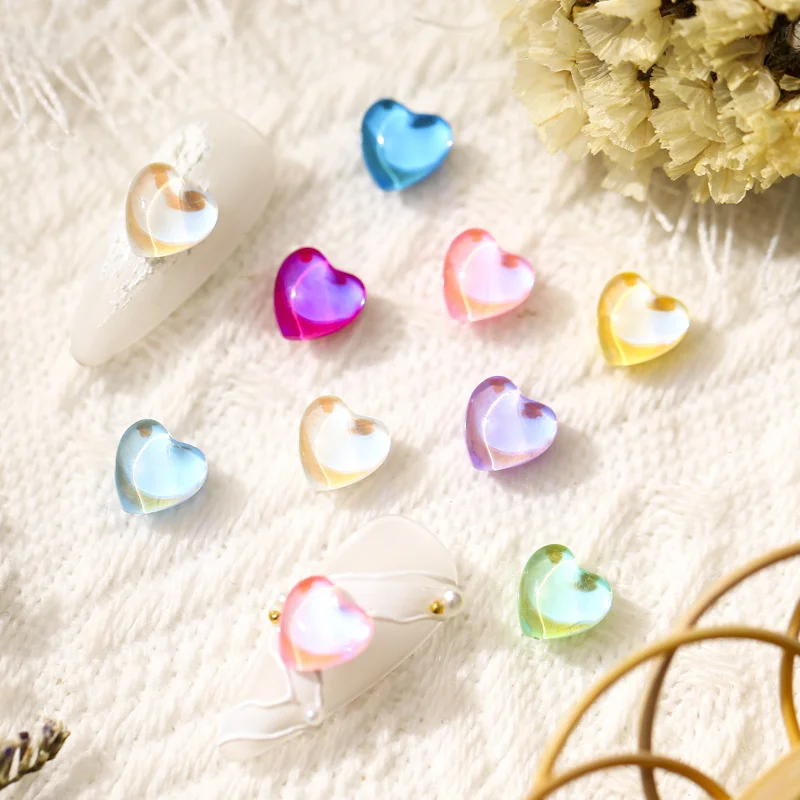 

20pcs Heart Shape Nail Rhinestones Gems Jewelry Aurora Crystal Glass Peach Nail Charms Mocha Candy Colors Nail Art Decorations