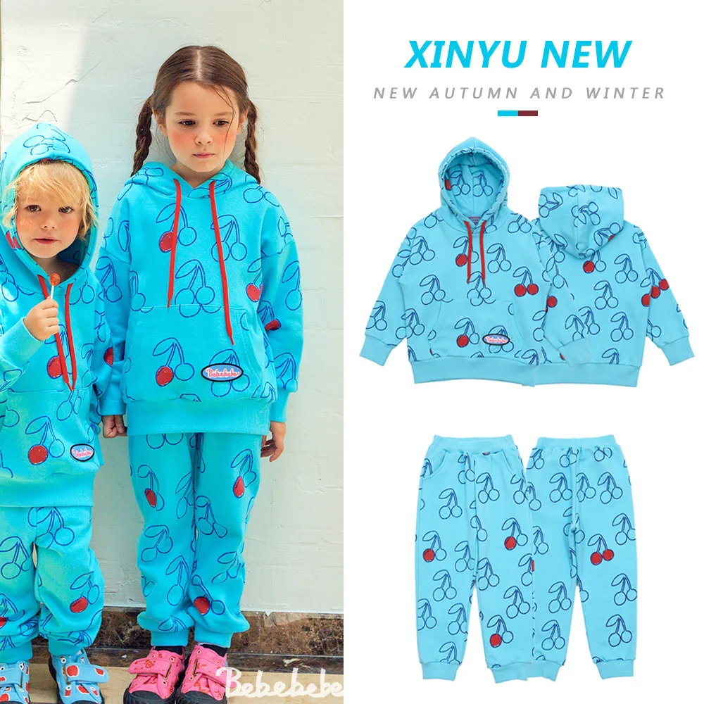 

New Autumn Winter Kids Clothes Bebe Brand Hooded Sweatshirt Pant Suit Blue Set Toddler Boys Girls Printed Children's Clothing