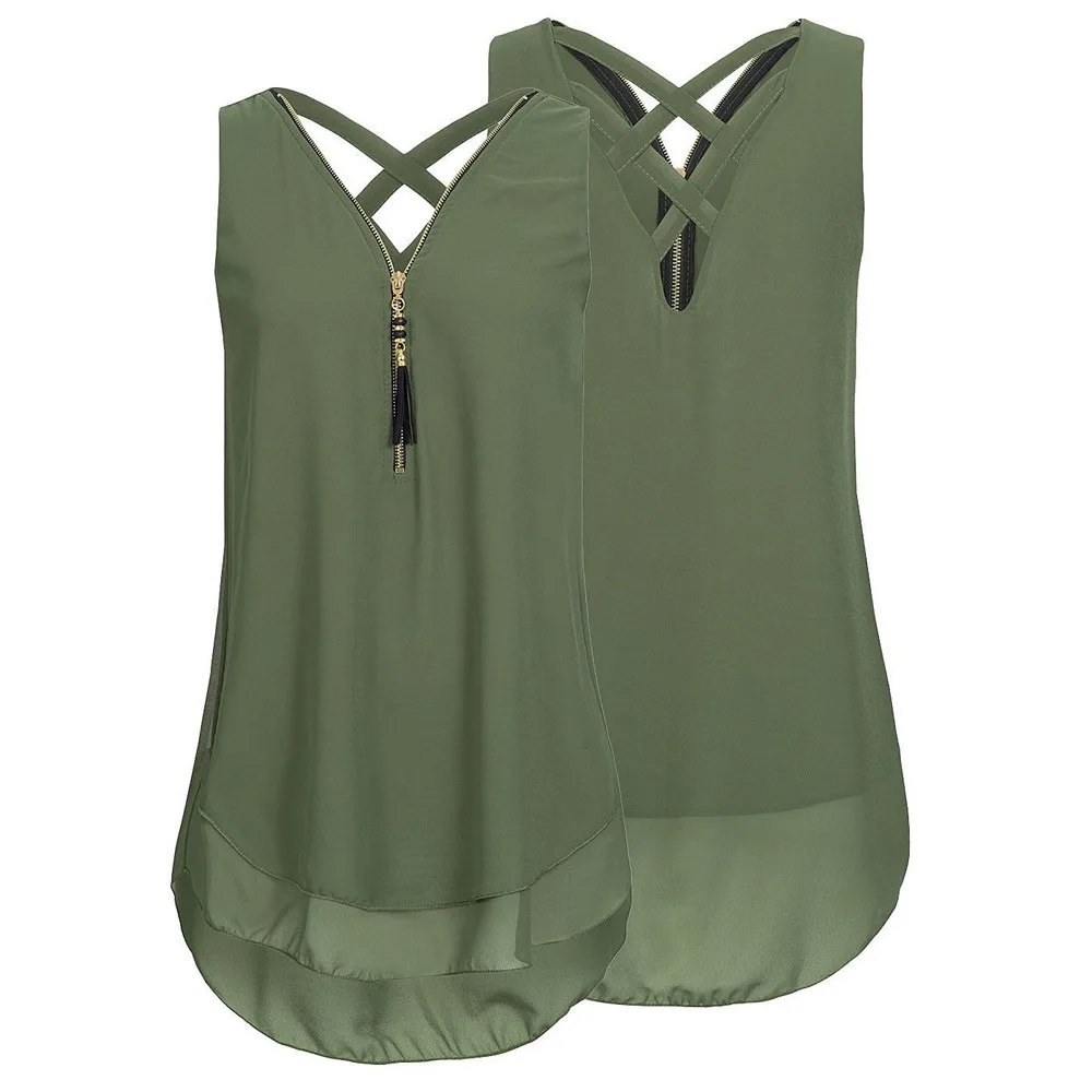 

Повседневная пикантная однотонная шифоновая блузка с V-образным вырезом, топы для женщин, без рукавов, на молнии, на бретельках, с цветочным узором, уличная одежда, базовая майка, футболка