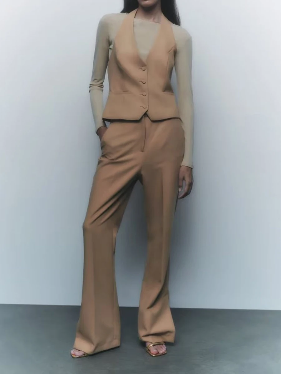 

2023 New Solid 2 Piece Sets V Neck Sleeveless Backless Halter Tops With Split Pants Set Elegant Fashion Office Lady Suit Outfits