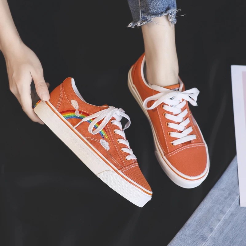 

Women Shoes With Rainbow Low Casual Sneakers Bright Orange Light Green Fresh Cute Shoes Nice Quality Students Girls Trainers
