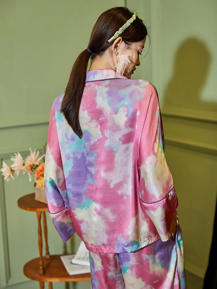 Ice silk pajamas new long-sleeved printed two-piece loose homewear suit silk sleepwear set  ชุดนอน  pijamas women