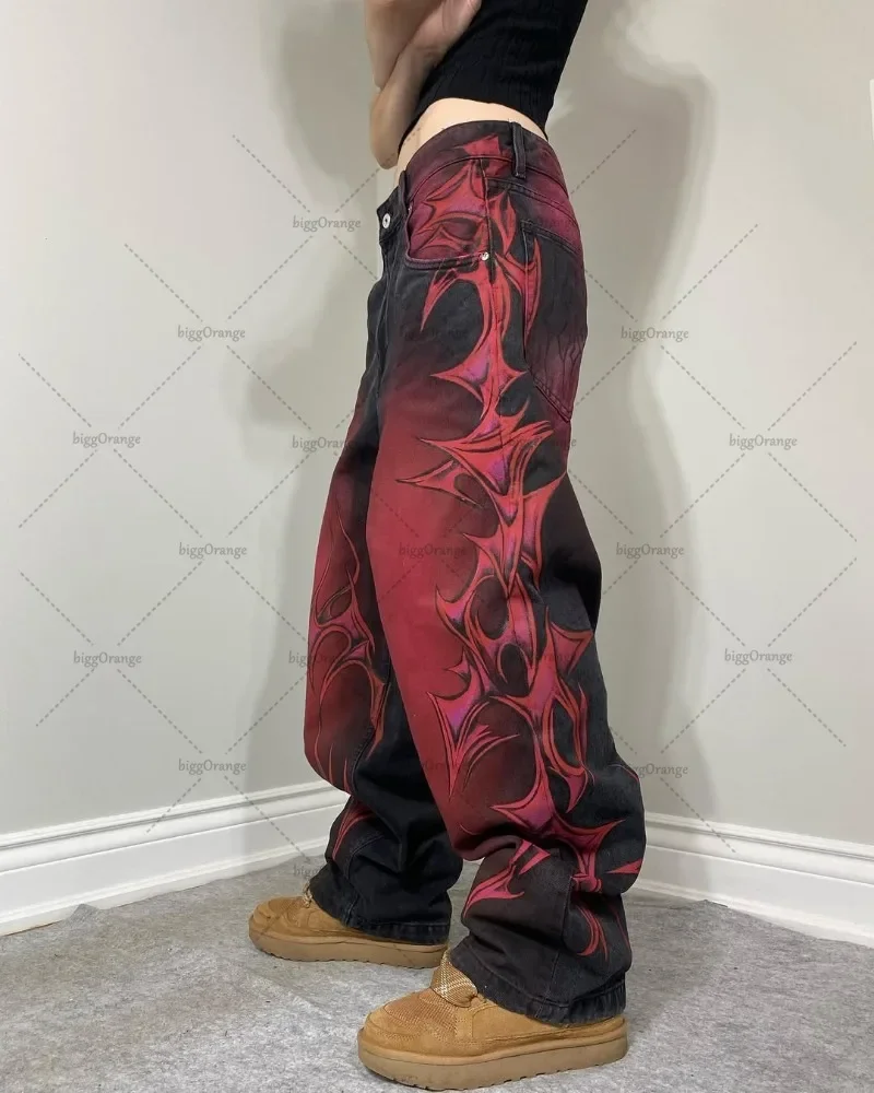 Y2K Свободные джинсы в готическом стиле панк с принтом Уличная одежда Прямые брюки