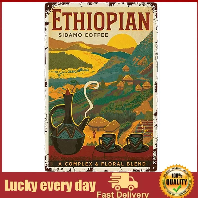 

Оловянный плакат с эфиопским изображением Сидамо для кофе, Ретро винтажный плакат с принтом эфиопского кофе, Постер для любителей кофе, дек...