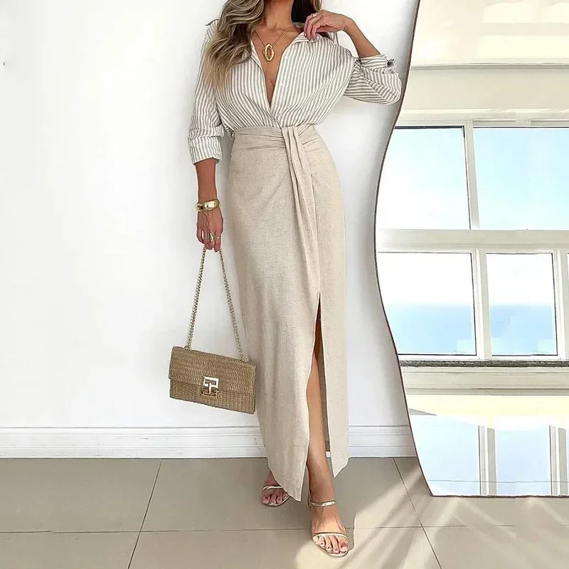 2024 Новая полосатая рубашка с глубоким v-образным вырезом и юбка высокой талией