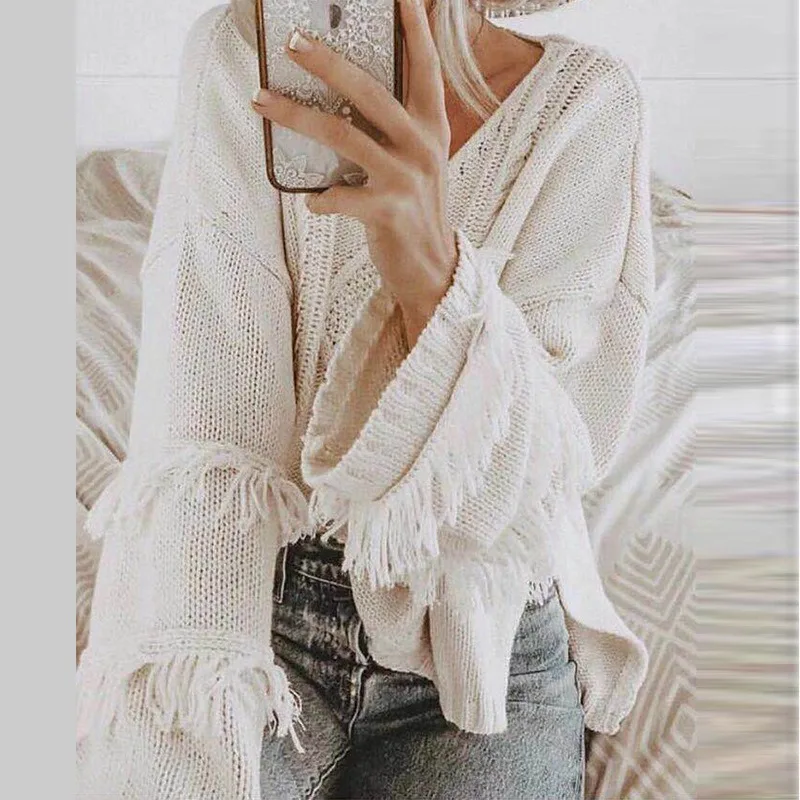 

Women tassel sweater pullovers women clothing Winter Autumn solid v-neck Knitted Loose Top Street Wear Oversize knitwear jerseys