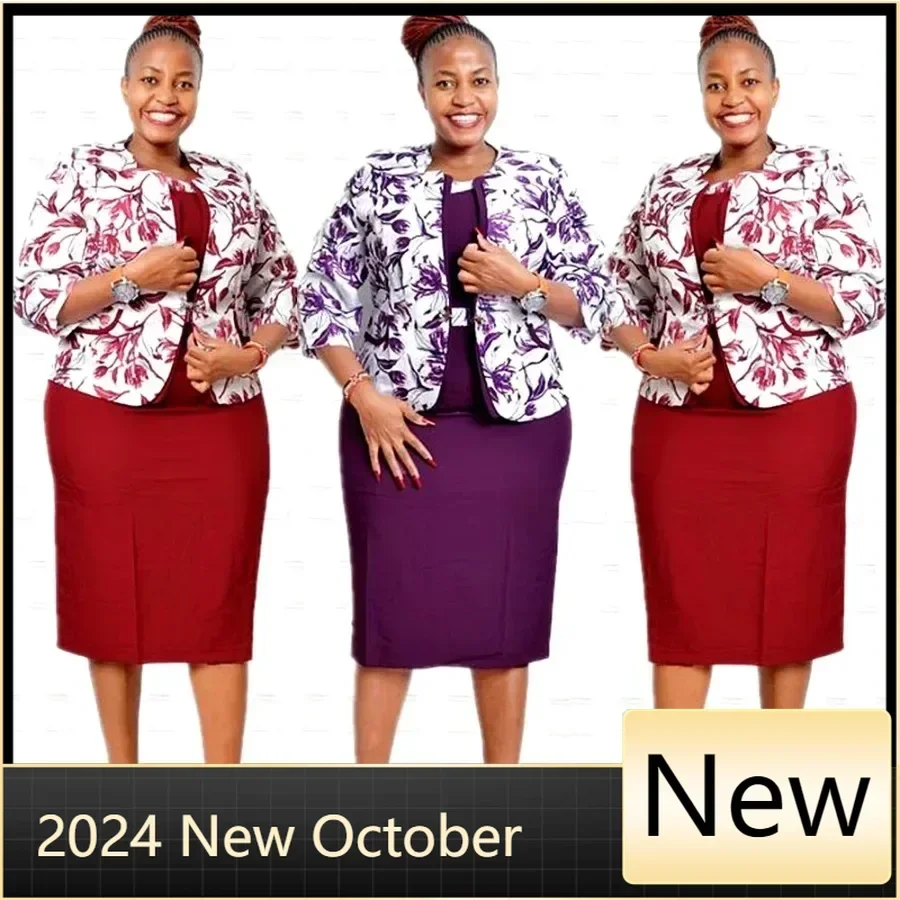 Plus Size African Style Floral Print Office Ladies Coat and Dress Suit For Women