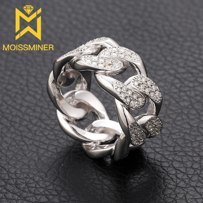 Moissanite Ring S925 Silver Iced Out Cuban Chain Rings Real Diamond Finger Jewelry For Men Women High-End Jewelry Pass Test
