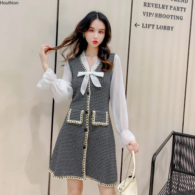 

Summer New Women's Dresses V-neck Bow Type A Girl Long Sleeve Lattice Stitching Chiffon Knitting Fashion Female Clothes