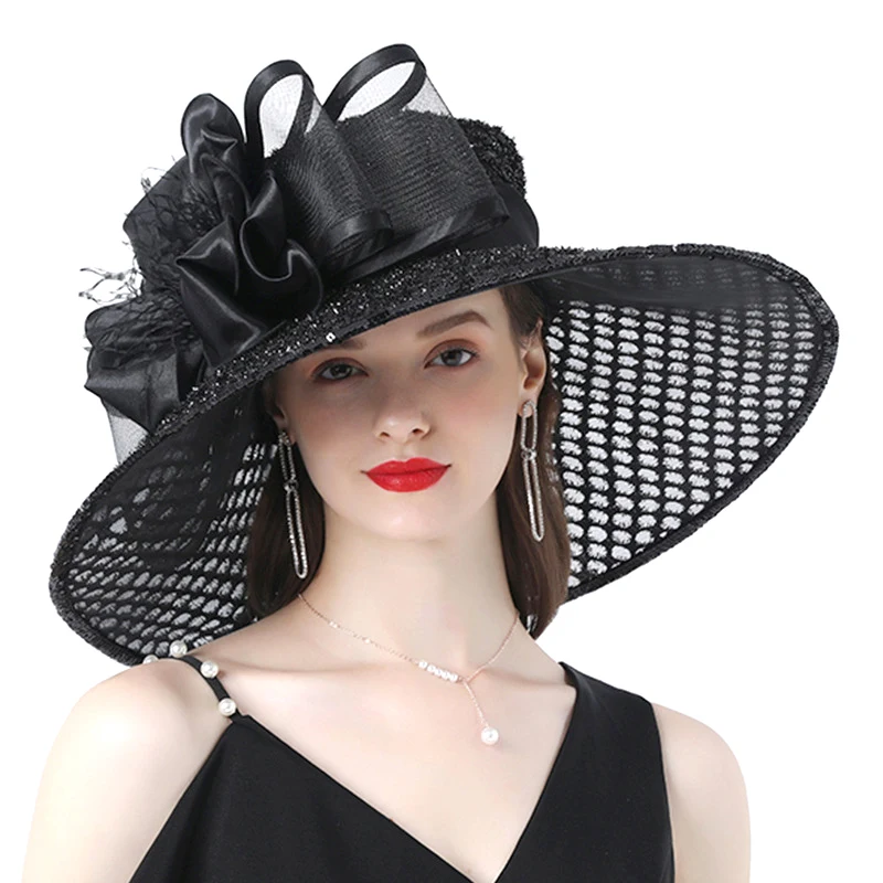 

Kentucky Derby Hats Women Black Purple Ladies Party Wedding Organza Hats Large Size Wide Brim Hat Flower Fashion Vintage Fedoras