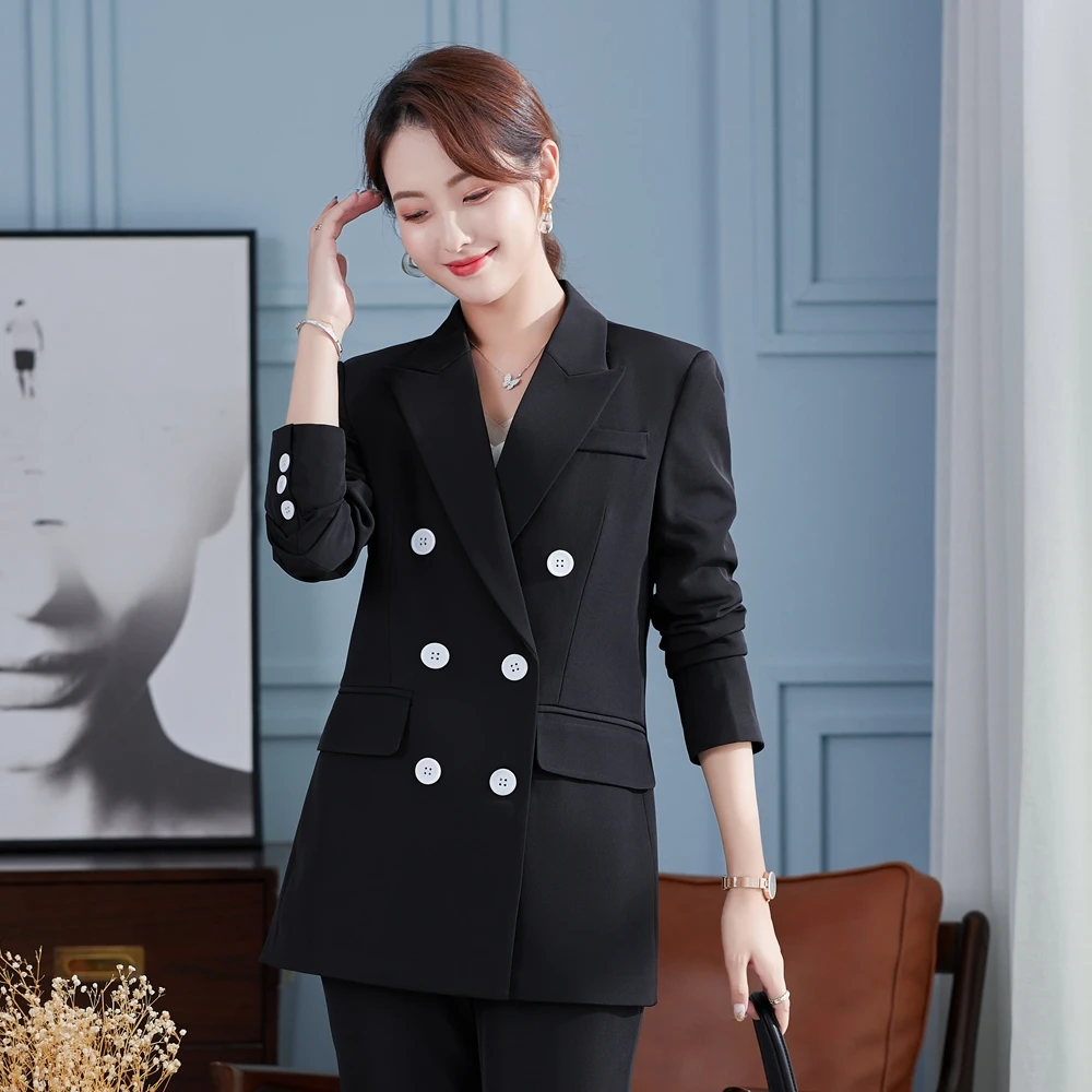 Formal Ladies Blazer Women Business Suits with Sets Work Wear Korea Office Uniform Dark Black piece Large Size Pants Jacket Set