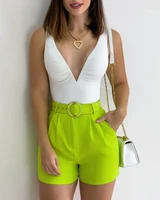 summer woman plain sexy plunge backless ruched sleeveless top pocket decor skinny shorts set with belt