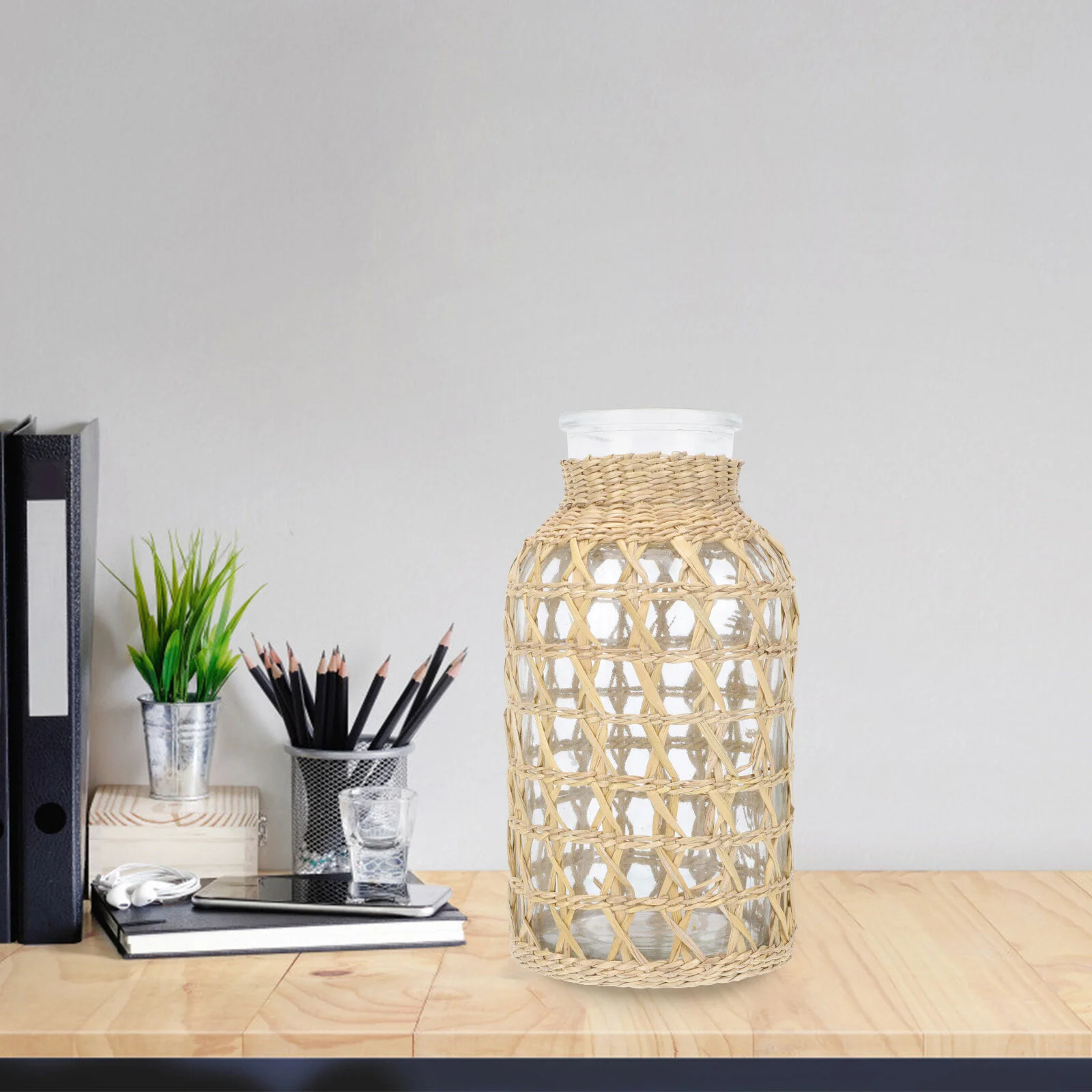 

Glass Bottle Woven Vase Container Creative Flower Arrangement Adornment Desktop Decor