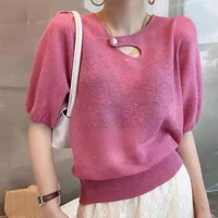 puff sleeve t shirts women summer thin fashion hollow out loose female casual simple korean style soft all match new design chic