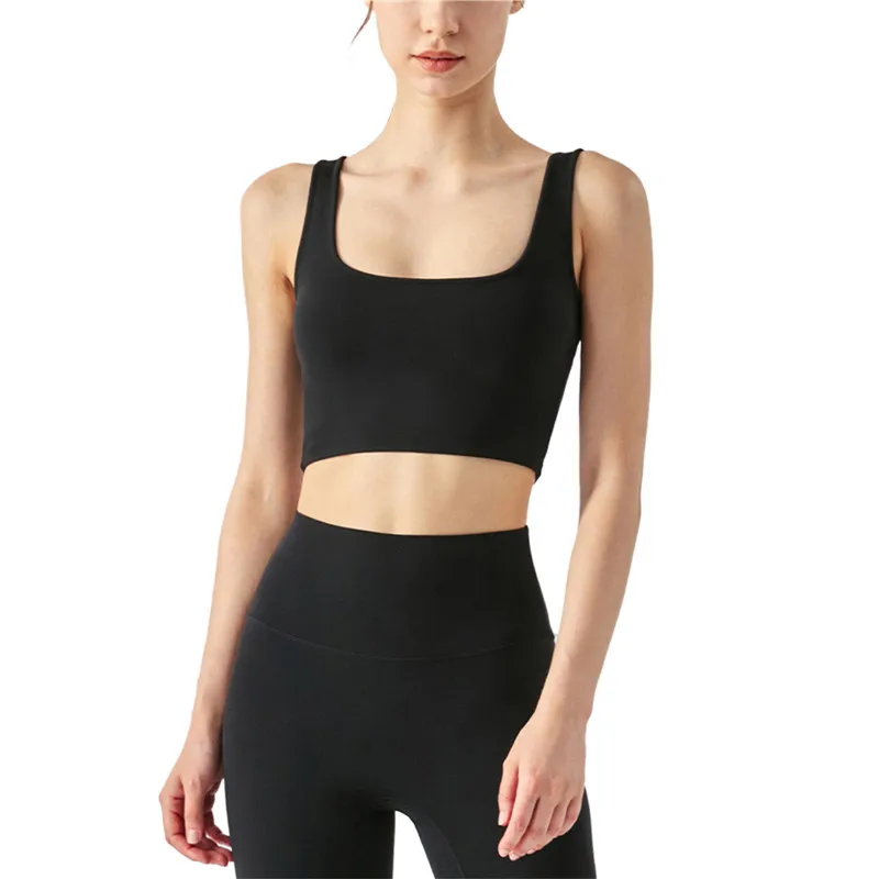 

Female Sports Vest Solid Color Square Neck Sleeveless Crop Tops with Detachable Chest Pad Summer Clothing Fitness Work Out Tanks