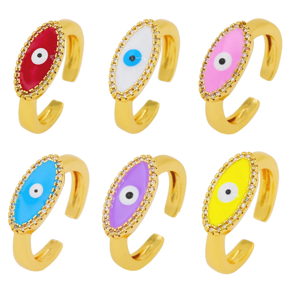 

Fashion Enamel Ring Finger Jewelry Gold Plated Cubic Zircon EYE Shape Adjustable Ring for Girl