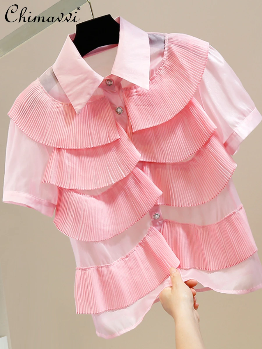 

Sweet Pleated Ruffled Stitching Single-Breasted Shirts Fashion Thin Organza Transparent Women's Blouse Elegant Versatile Tops