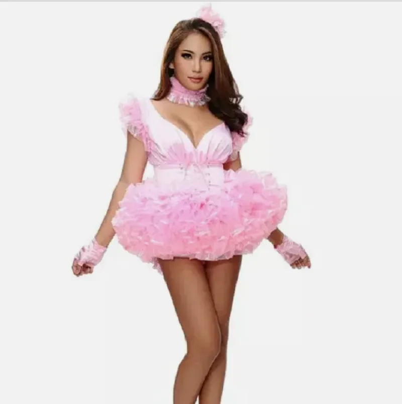 Новинка 2024 красивое розовое атласное платье для косплея сексуальное горничной