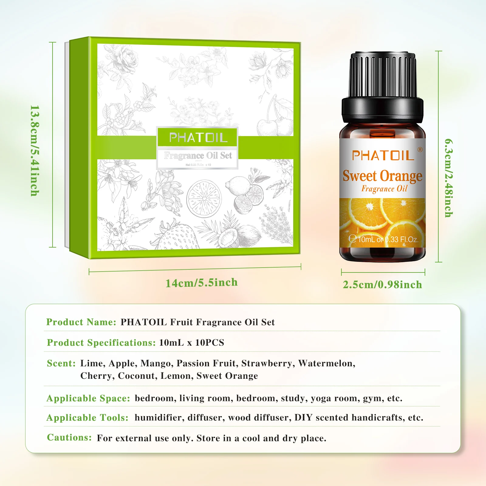 Фото PHATOIL Набор масел с фруктовым ароматом, 10 шт., 10 мл, лайм, яблоко, манго, страсть, клубника, арбуз, вишня, кокос, лимон, оранжевый №2