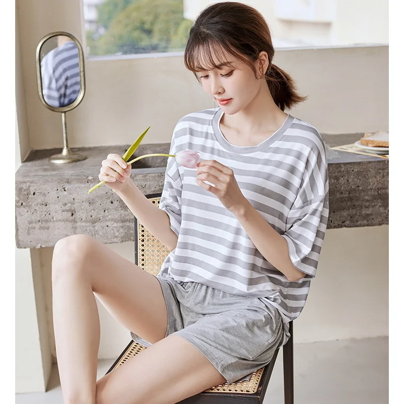 Summer Modal Pajamas Set for Women Two Pieces Chest Pads Sleepwear Shirt Shorts Lingerie Nightwear Pijama Set Leisure Loungewear