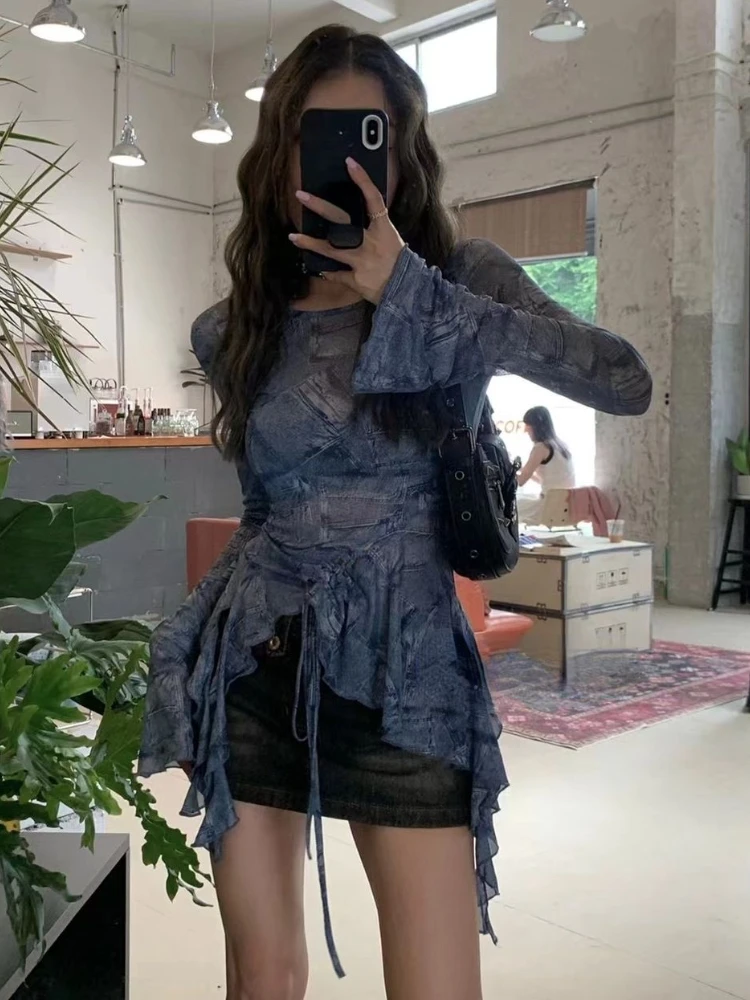 Женская блузка с винтажным принтом Облегающая рубашка в стиле Харадзюку