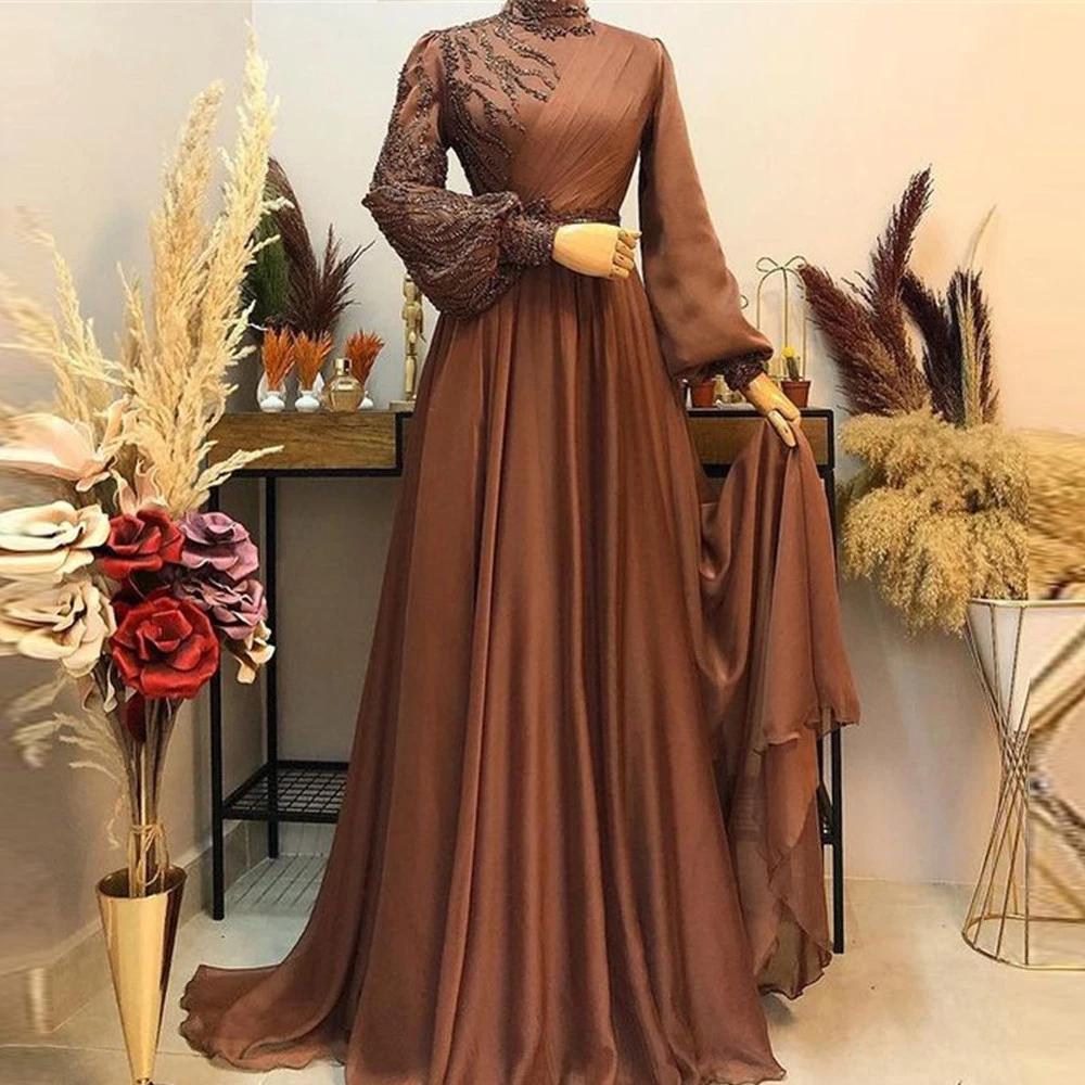 

BridalAffair Modest Brown Silk Chiffon Puff Long Sleeve Arabic Prom Dresses High Neck Lace Bead A Line Women Formal Evening Gown