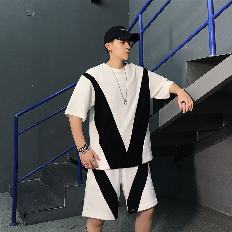 

Summer New Trendy T-shirt Clothes Men's Fashion Black White Color Matching T Shirt And Shorts Sports Sets Casual Tracksuit