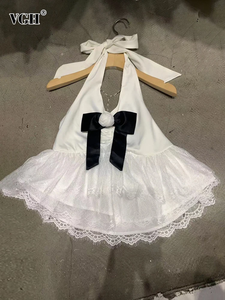 

VGH Sexy Patchwork Lace Bow Halter Backless Vest For Women V Neck Sleeveless Solid Folds Crop Tops Female Fashion Clothing New