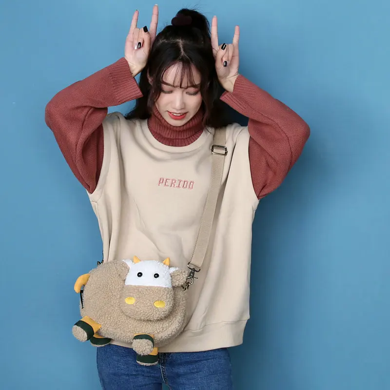 New Winter 2022 Women's Bag Tri-Color Patch Lamb Hair Small Bag Women's Cartoon Fluffy Bag Cute Girl Crossbody Bag Single Should