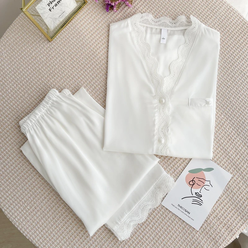 

Пижама женская с кружевной отделкой, белый пижамный комплект с шортами, Повседневная шелковая атласная одежда для дома, штаны с коротким рукавом, весна-лето