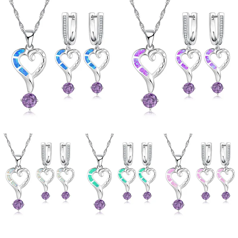 

2023 Cute Heart Jewelry Set For Women Statement Wedding Jewelry Gift Fashion Zircon Imitation Opal Necklace With Women Earrings