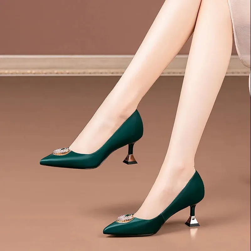 

Women Cool Green Real Leather Spring Comfort Crystal High Heel Shoes Lady Classic Summer Stiletto Mulheres De Salto Alto E226