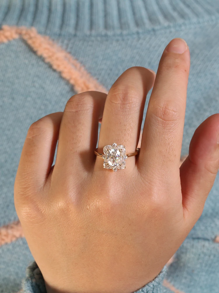 Real 14K Gold Center 2.0ct Oval Cut Moissanite D VVS Engagement Rings for Women Anniversary Gift