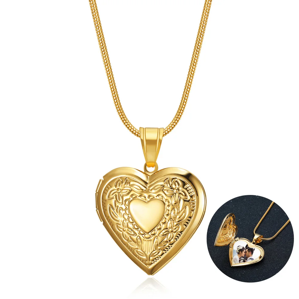 

New Openable Heart Locket Pendant Necklace for Women Gold Color Photo Frame Necklaces With Flower Pattern