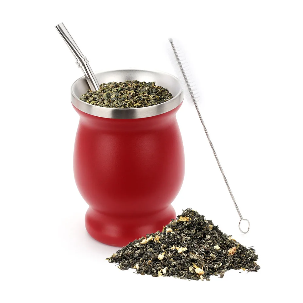 

304 Stainless Steel Double Wall 8oz Yerba Mate Cup Argentine Yerba Mate Gourd with Bombillas Cleaning Brush Tea Cup Thermos