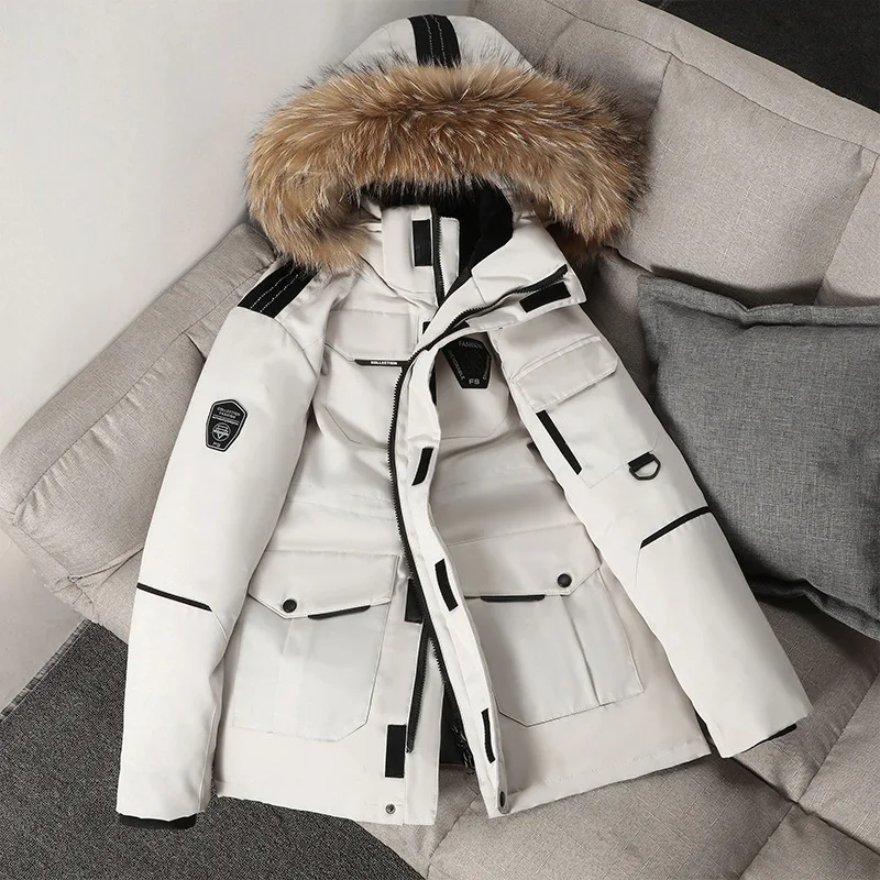 

Пуховик мужской зимний с капюшоном, теплая парная куртка-пуховик на белом утином пуху, модная Толстая ветровка с большим меховым воротником для снега