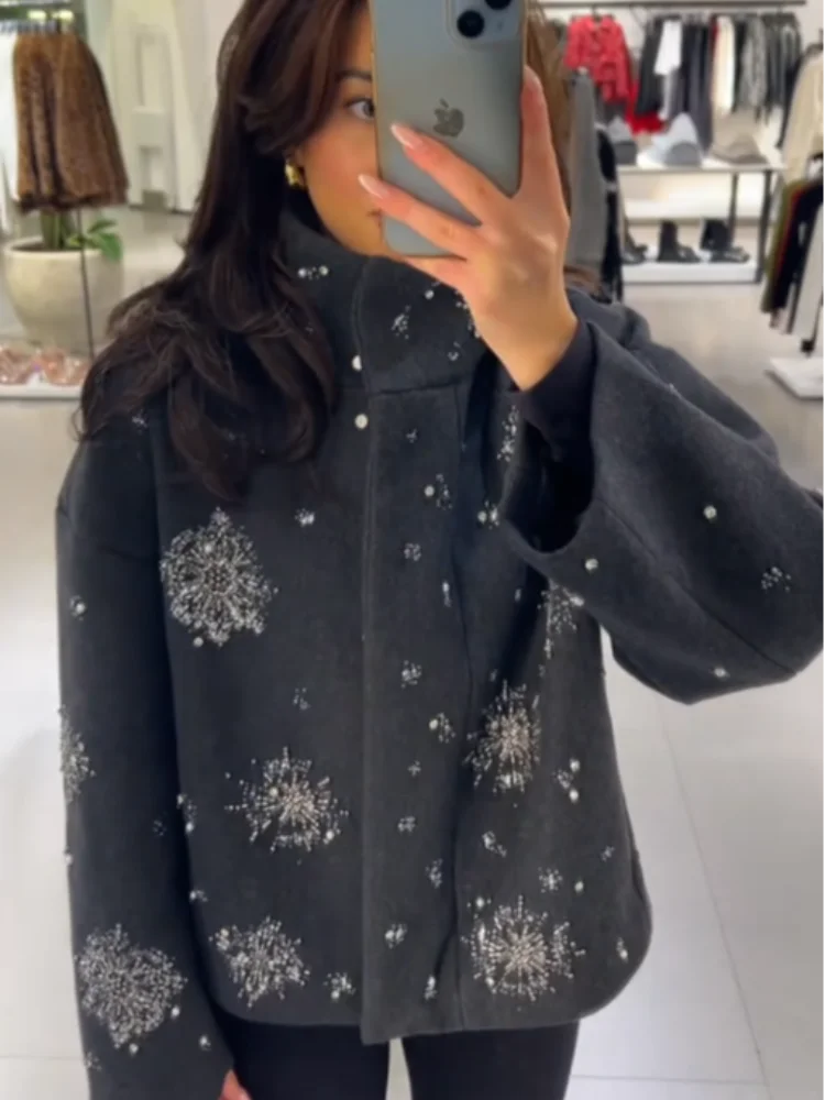 Роскошное шикарное пальто с бисером женское свободное однобортное шерстяное