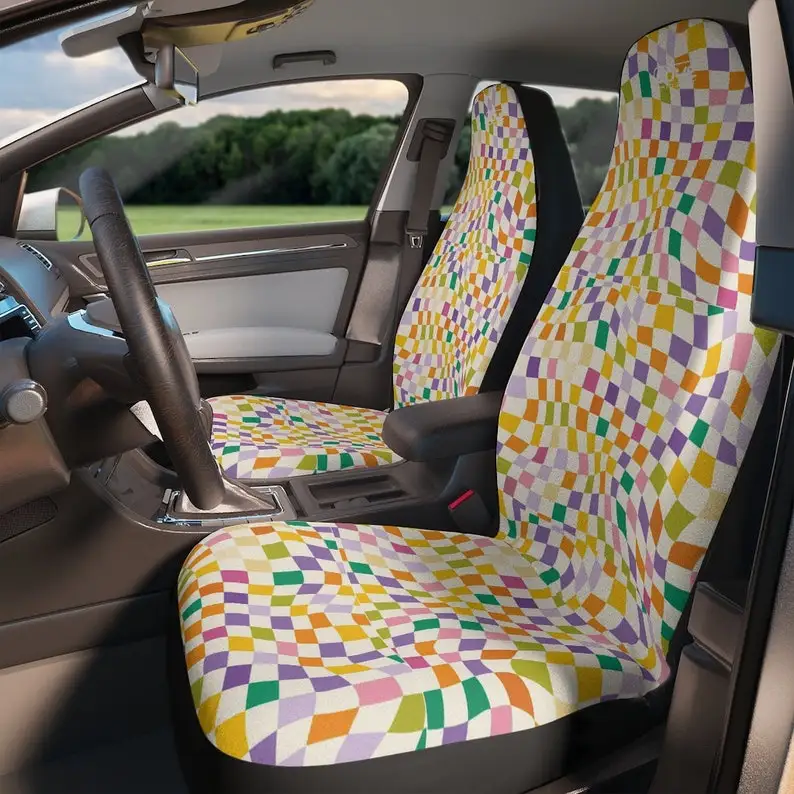 

Rainbow Checkered Car Seat Cover, Groovy Seat covers for car, fun seat cover, car accessories