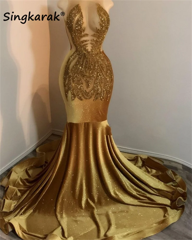 

Sparkly Golden Beading Sequins Mermaid Prom Dresses 2023 For Black Girls Sheer Neck Formal Party Dress Robes De Bal