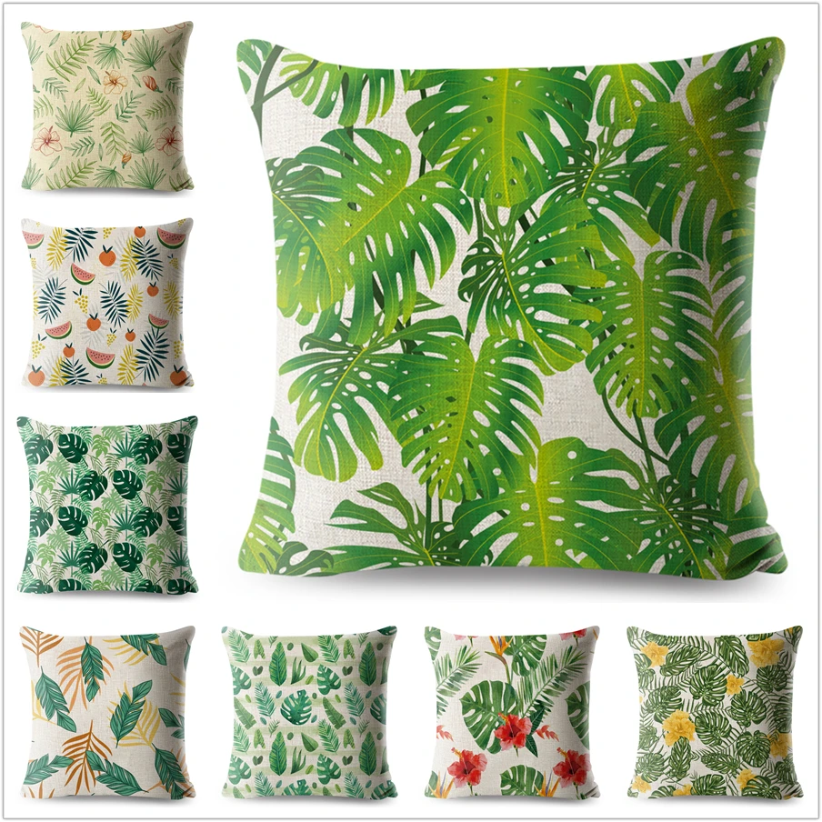 

Green Leaf Pillow Case Plant Decorative Tropical Palm Printed Pillowcase for Sofa Home Car Polyester Cushion Cover 45x45cm