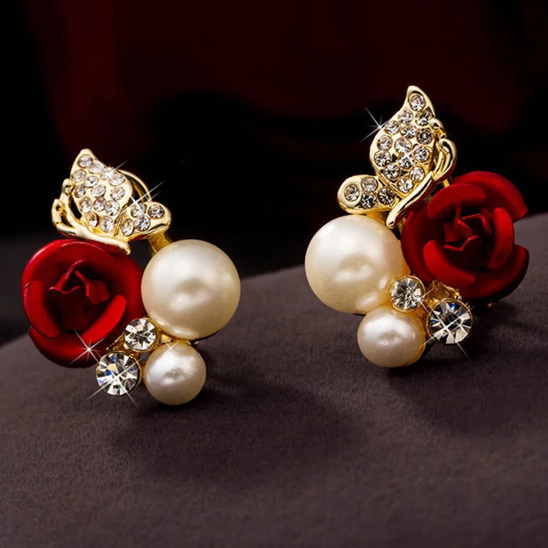 

Fashion Earring Red Rose Shape Pearl Inset Crystal Zircon Butterfly Women Elegant Stud Earrings Decorations Jewelry Present New
