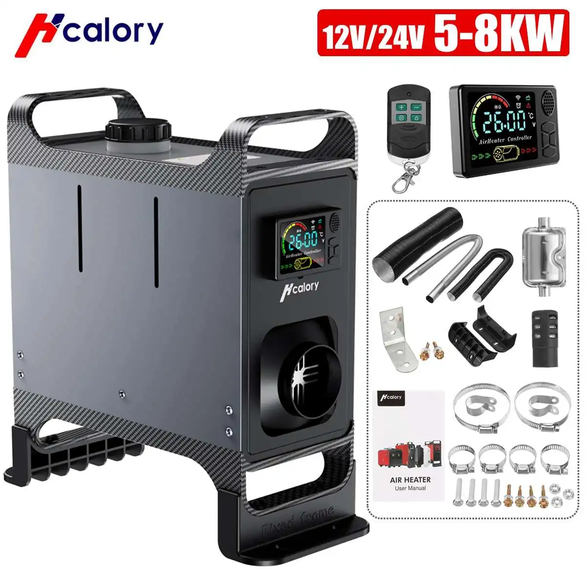 

Hcalory 12V 24V Universal 5-8KW Car Parking Diesel Air Heater LCD Screen APP Remote Control Voice Broadcast With Silencer