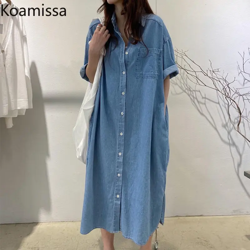 

Koamissa Fashion Women Jeans Shirt Dress Summer Casual Loose Straight Denim Maxi Dresses Female Korean Vestidos 2022 New Robe