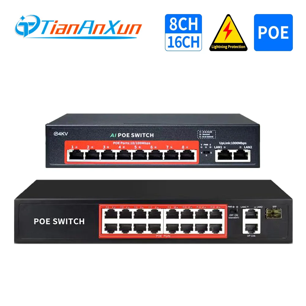 Tiananxun 8/16 Ports Poe Switch 48V Network With 10/100Mbps Ieee 802.3 For Ip Camera Cctv Security Camera System