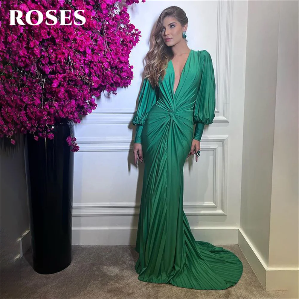 

Зеленое платье-Русалка для выпускного вечера, плиссированные платья знаменитостей с V-образным вырезом, женское вечернее платье с длинным рукавом, официальное платье, мини-платье