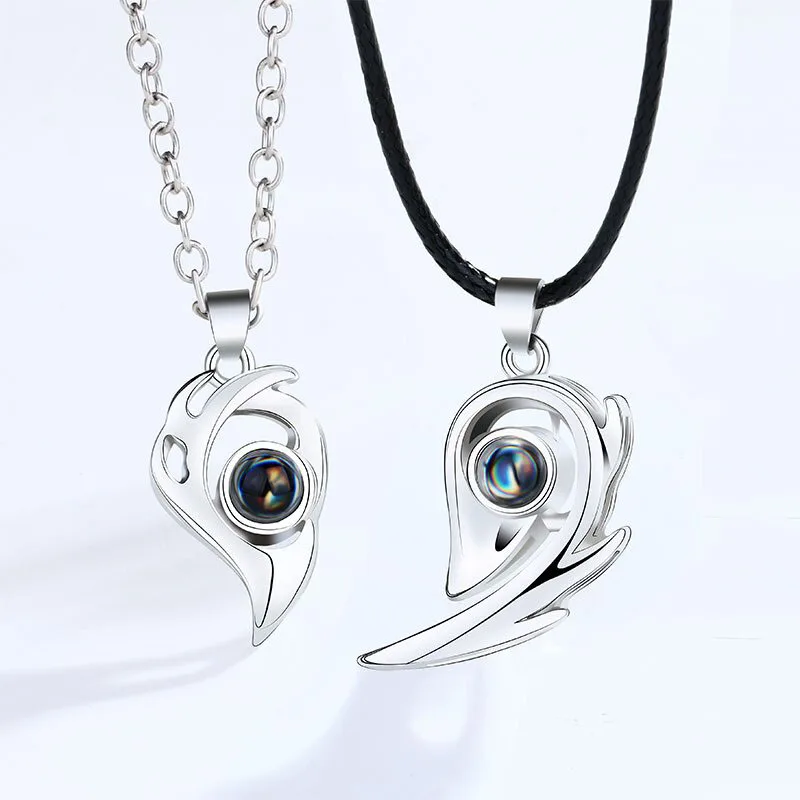 

Couple Necklace Magnet Love Heart Stitching Projection 100 Languages I Love You Necklace Creativity Personality Fashion Jewelry